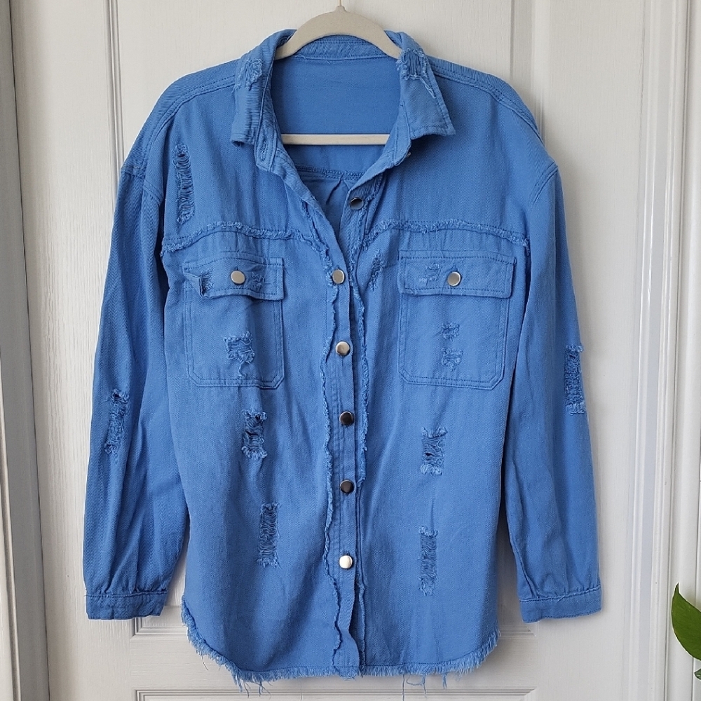 Over-sized Distressed Blue Denim Button Down Shirt Medium
